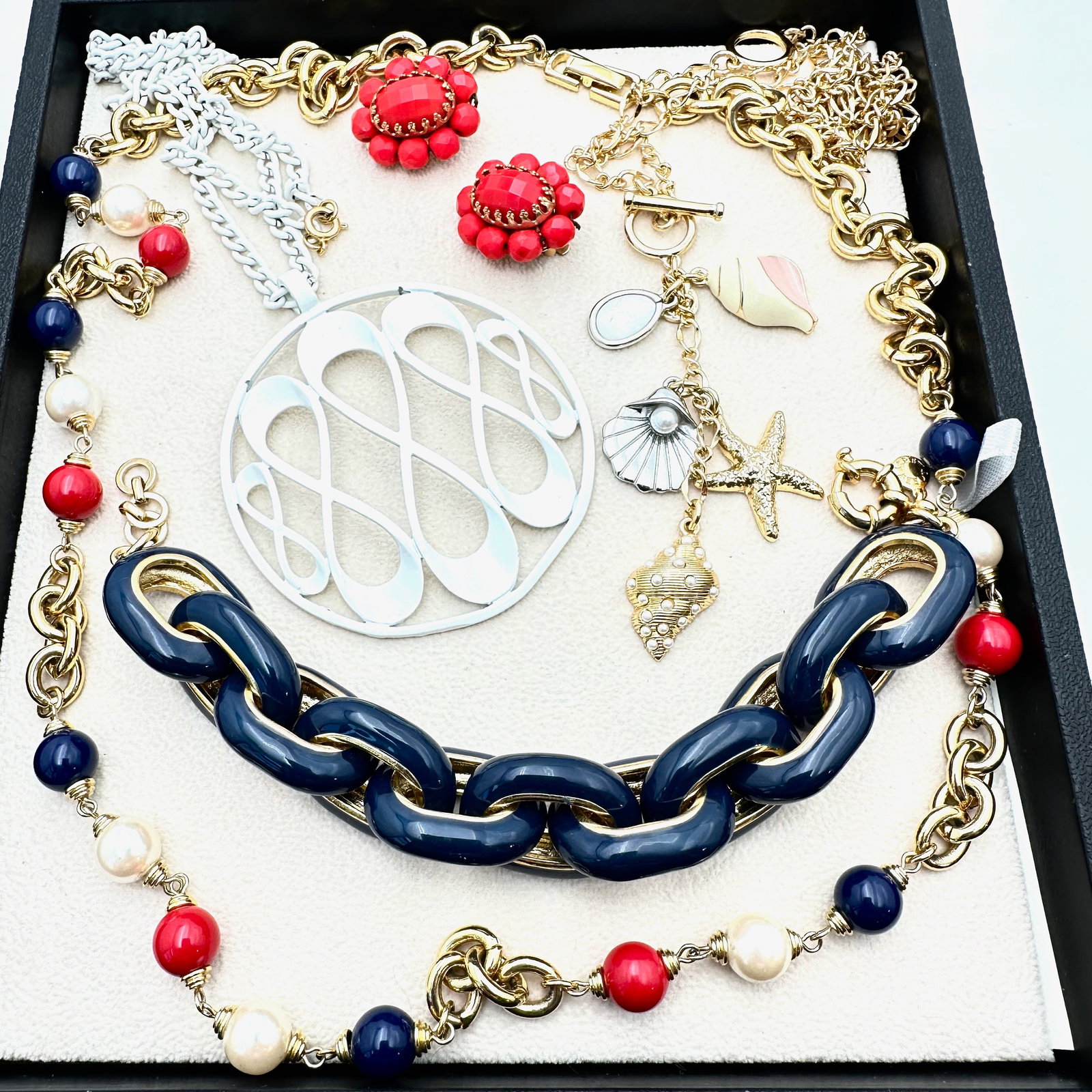 Vintage Red White Blue Jewelry Group Mid Century Enamel 1980s Necklace: Vintage Red White Blue Jewelry Group Mid Century Enamel 1980s Necklace