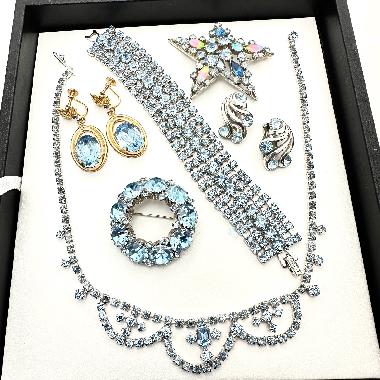 Vintage Group Blue Rhinestone Jewelry Trifari Unsigned Weiss Brooch Earrings (1 of 3)