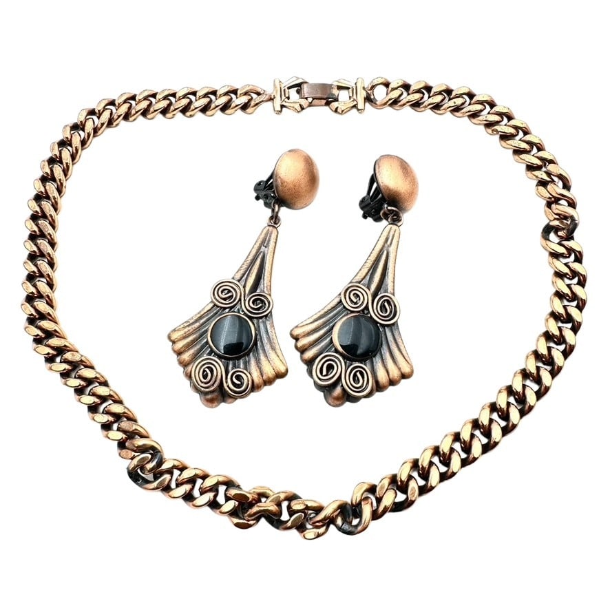 Vintage Copper Chain Necklace Chandelier Clip Earrings: Vintage Copper Chain Necklace Chandelier Clip Earrings