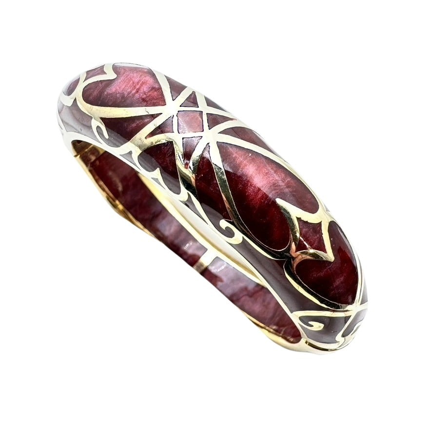 Luxury Gold Plated Dark Red Burgundy Glass Hinged Bangle Bracelet: Luxury Gold Plated Dark Red Burgundy Glass Hinged Bangle Bracelet