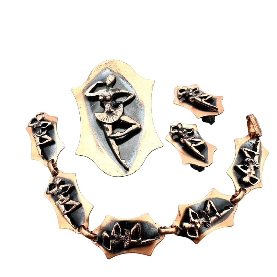 Vintage Mid Century Copper Artisan Bracelet Brooch Clip Earrings Ballerina: Vintage Mid Century Copper Artisan Bracelet Brooch Clip Earrings Ballerina