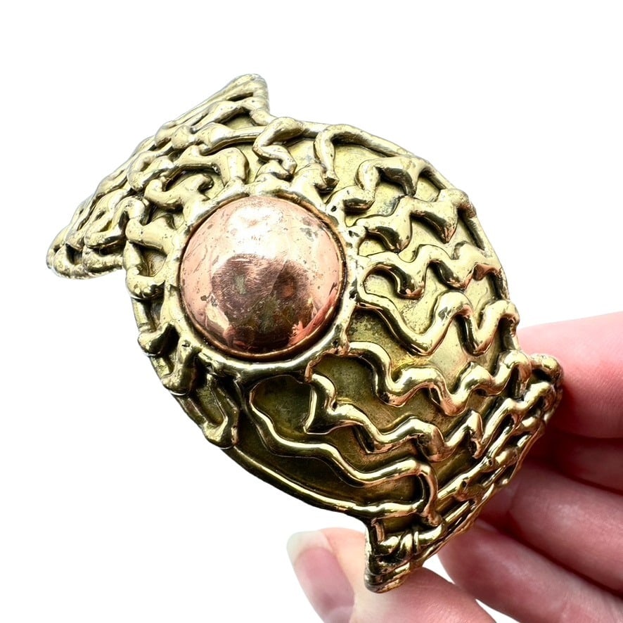 Vintage Artisan Brass Copper Cuff Bracelet Adjustable Size (1 of 3)