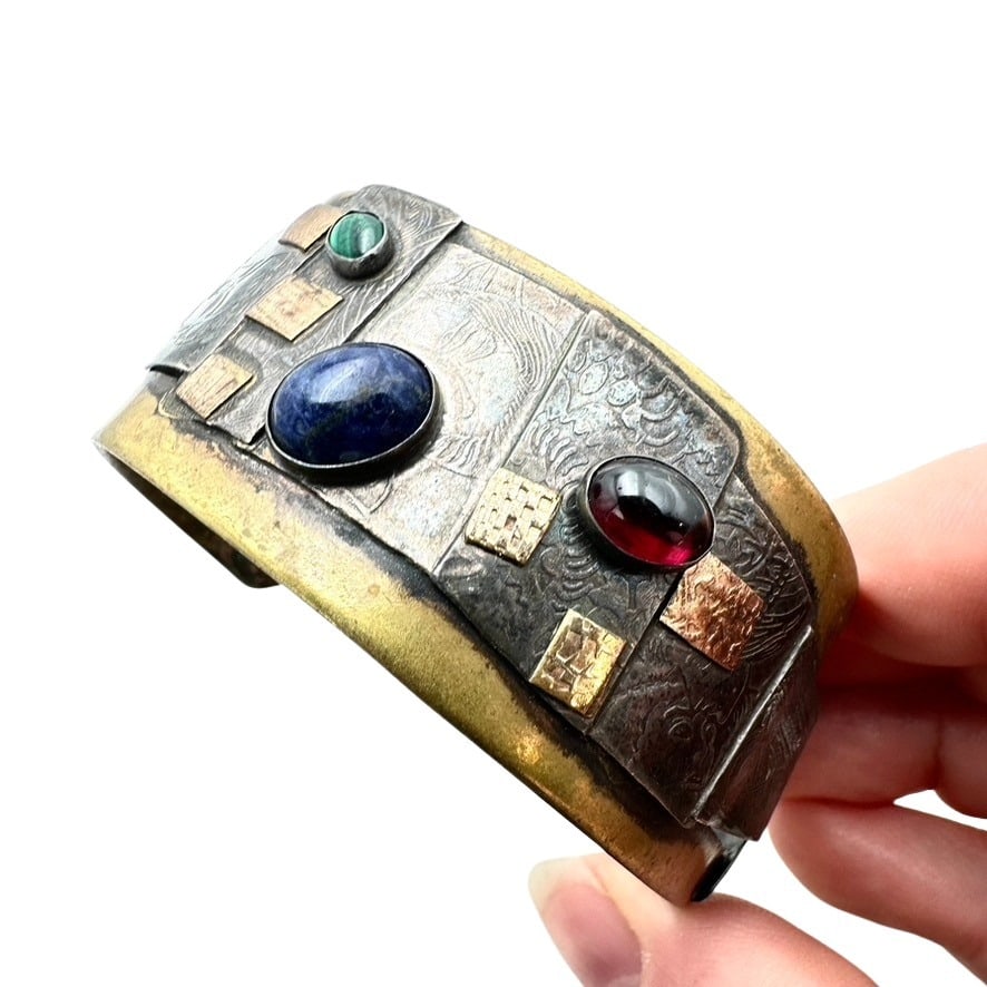 Artisan Mixed Metal Multi Gemstone Cuff Bracelet Garnet Lapis Malachite (1 of 3)