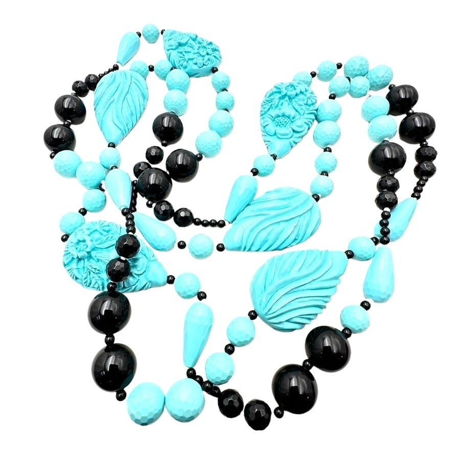 Vintage Molded Blue Black Glass Necklace 48 Inch Length Unusual: Vintage Molded Blue Black Glass Necklace 48 Inch Length Unusual