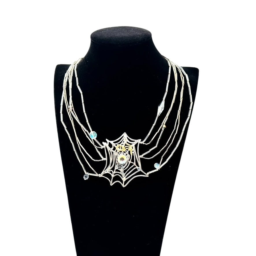 Vintage Artisan Sterling Silver Spider Crystal Statement Necklace (1 of 2)