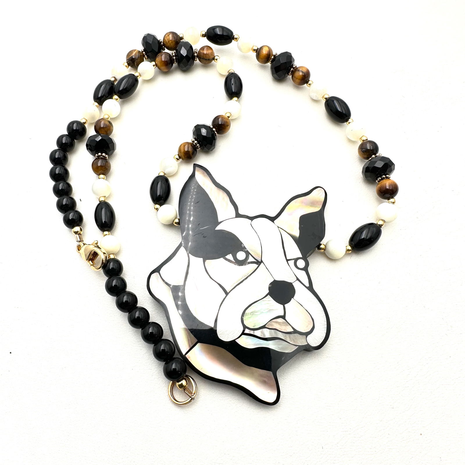 Vintage Lee Sands Inlay Gemstone Necklace French Bulldog Boston Terrier Frenchie (1 of 3)