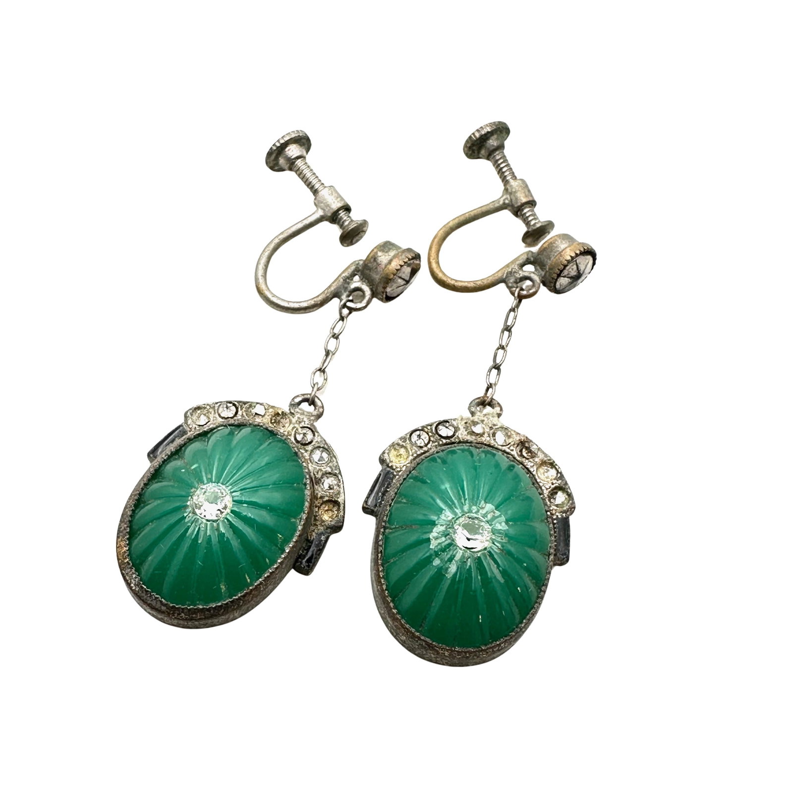 Antique Green Czech Glass Chandelier Earrings Silver Tone: Antique Green Czech Glass Chandelier Earrings Silver Tone