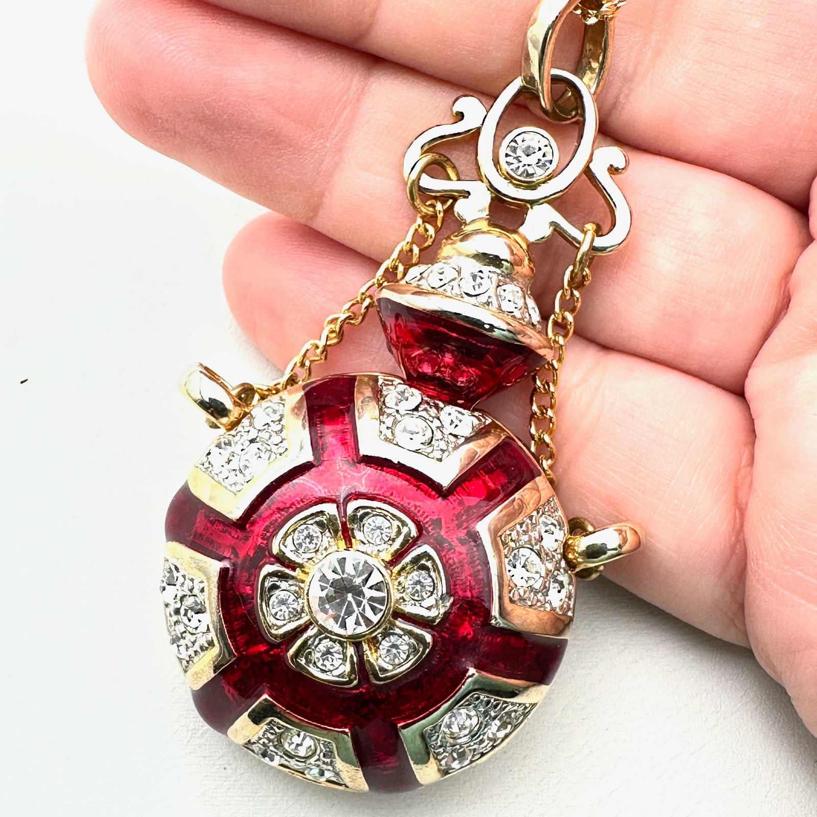 Vintage Red Enamel Crystal Perfume Bottle Pendant Gold Tone Necklace (1 of 2)