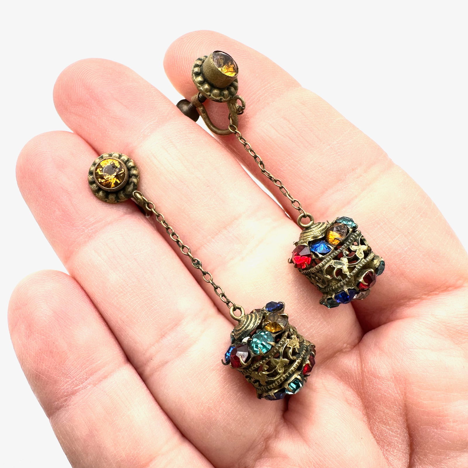 Antique Czech Glass Chandelier Earrings Bronze Tone: Antique Czech Glass Chandelier Earrings Bronze Tone