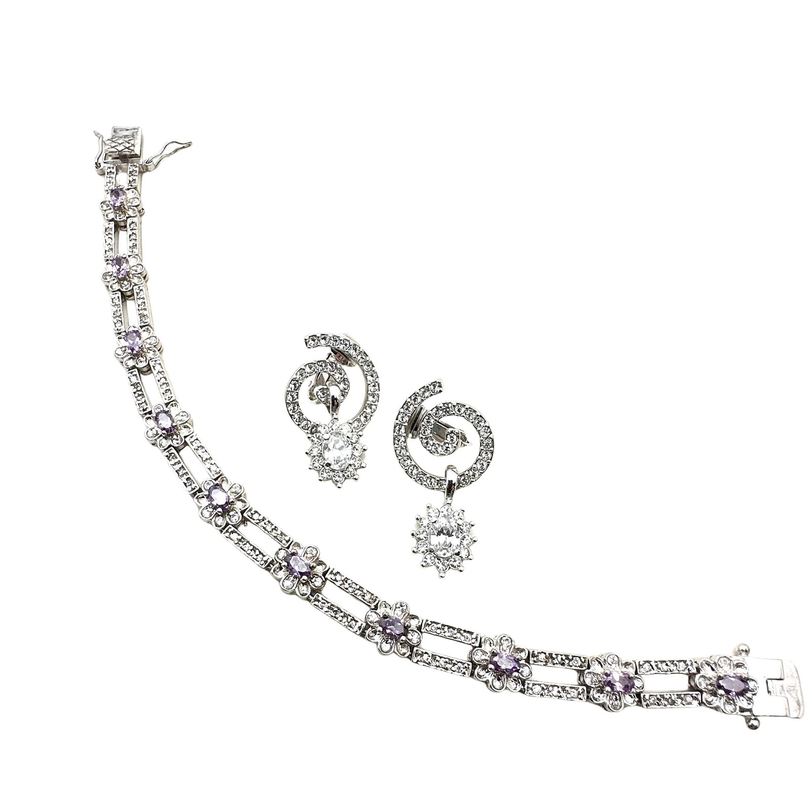 Vintage Nolan Miller Purple Clear Crystal Silver Tone Bracelet Earrings Set (1 of 3)