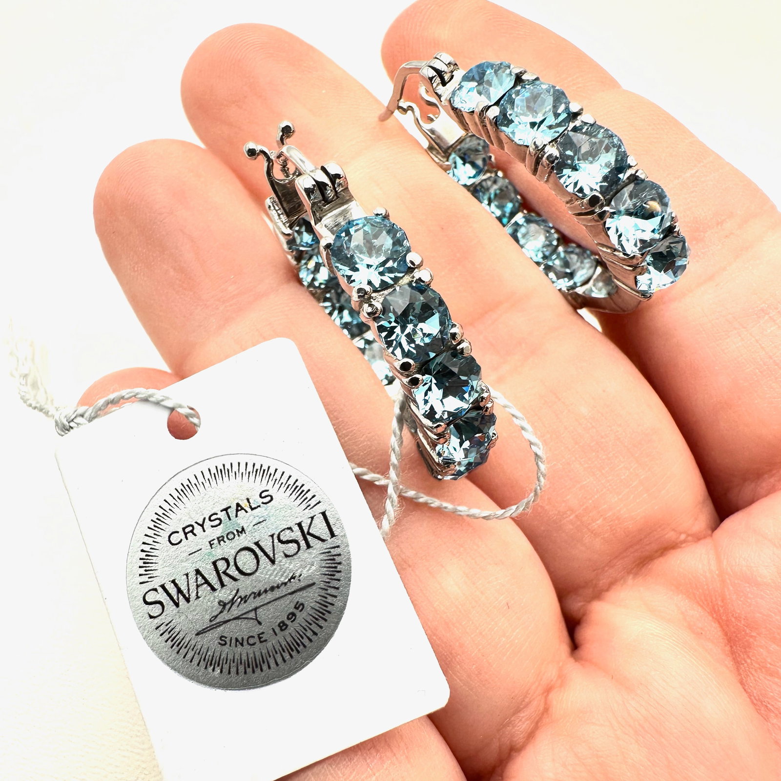 NOS Swarovski Light Blue Crystal Pierced Hoop Earrings: NOS Swarovski Light Blue Crystal Pierced Hoop Earrings