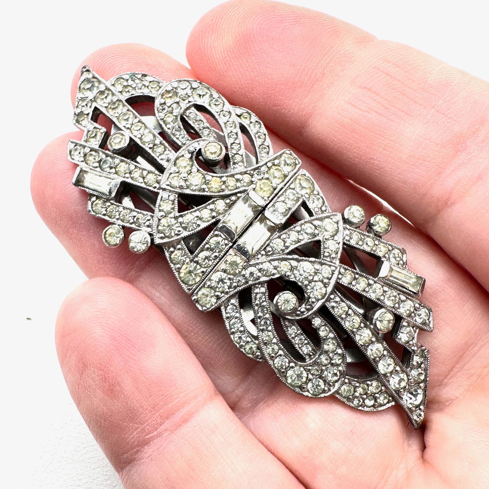 Vintage Duette Brooch Pin Fur Clips Silver Tone Clear Rhinestone (1 of 2)