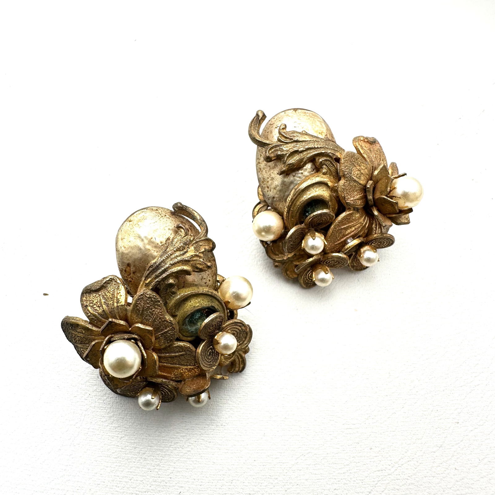 Vintage Miriam Haskell Faux Pearl Bronze Clip Earrings (1 of 2)