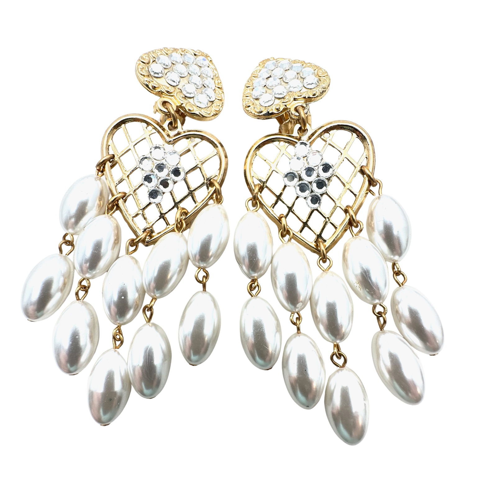 Vintage 1980s Era Gold Tone Faux Pearl Chandelier Clip Earrings: Vintage 1980s Era Gold Tone Faux Pearl Chandelier Clip Earrings