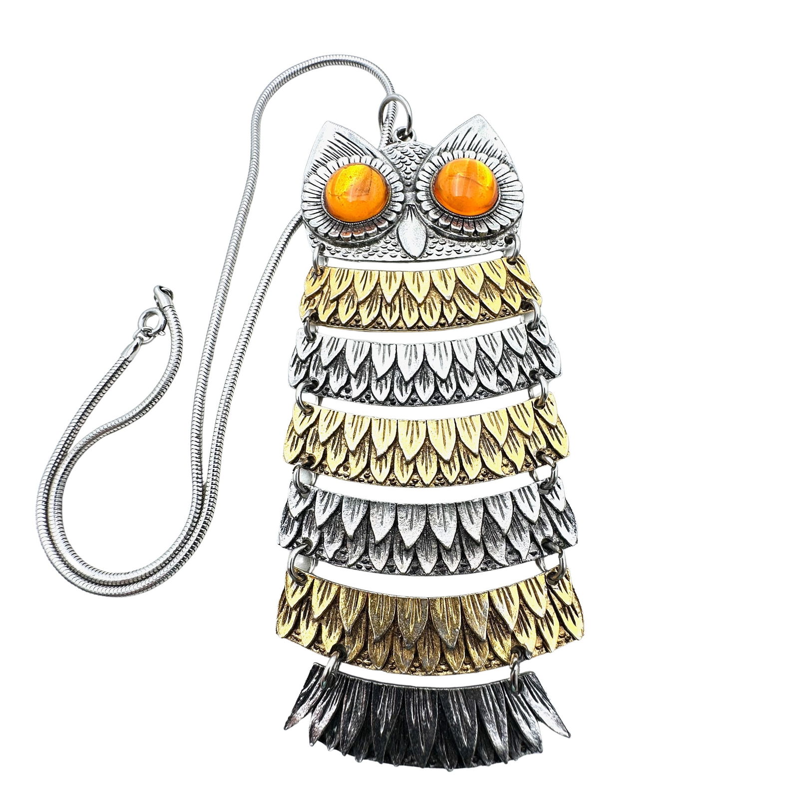 Vintage 1960s Era Gold Silver Tone Figural Owl Pendant Necklace (1 of 2)