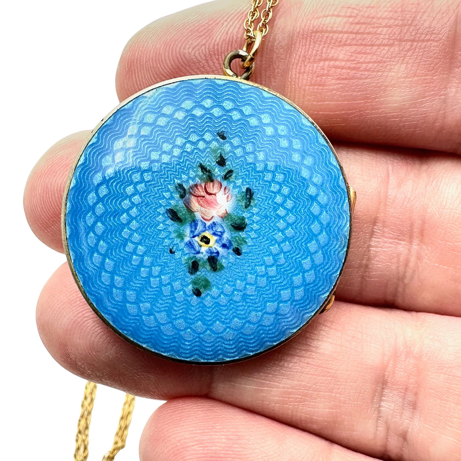 Vintage 14K Gold Filled Blue Enamel Guilloche Locket Necklace 18 Inch Chain: Vintage 14K Gold Filled Blue Enamel Guilloche Locket Necklace 18 Inch Chain