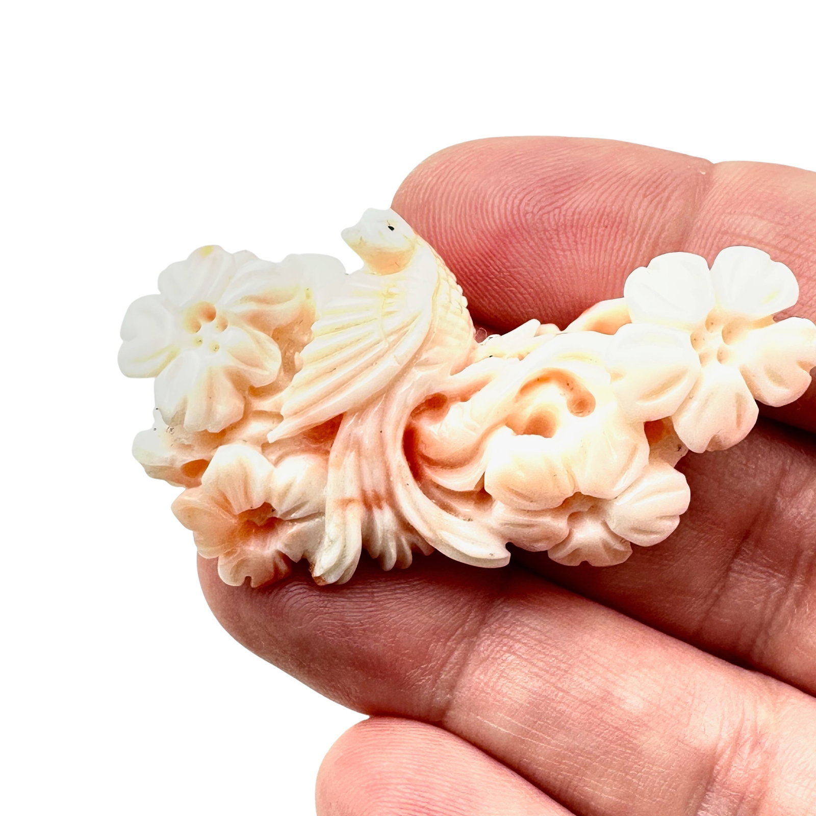 Antique Angel Skin Coral Carved Ornate Bird Floral Design 2 Inch Length: Antique Angel Skin Coral Carved Ornate Bird Floral Design 2 Inch Length