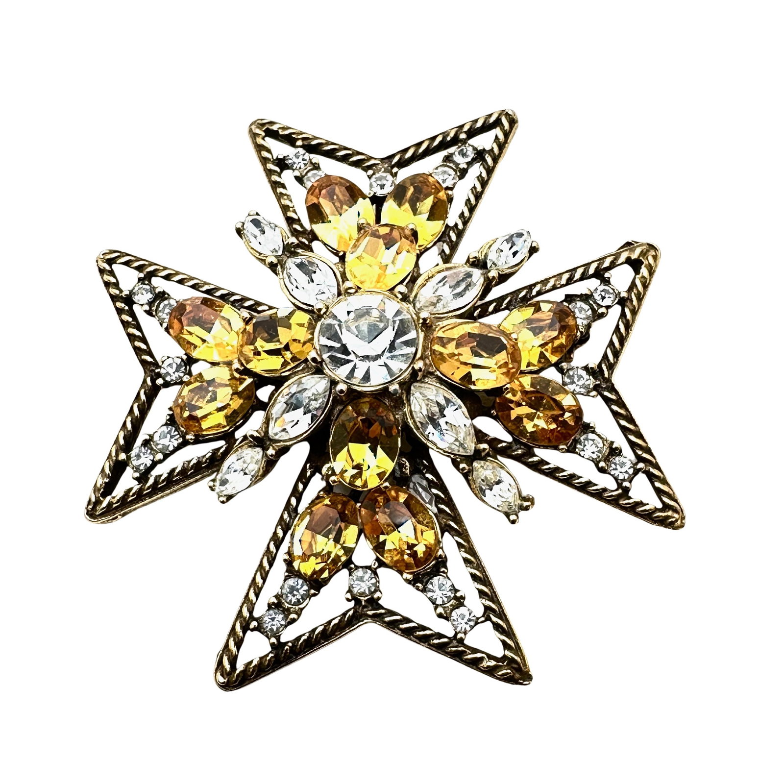 Vintage Maltese Cross Amber Clear Glass Rhinestone Brooch Pin Pendant: Vintage Maltese Cross Amber Clear Glass Rhinestone Brooch Pin Pendant