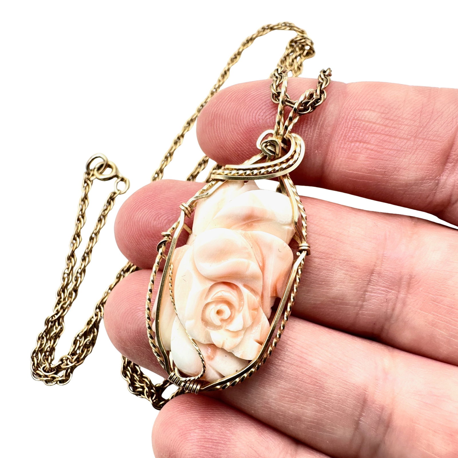 Vintage Gold Filled Carved Angel Skin Coral Pendant Necklace Flower Rose Design: Vintage Gold Filled Carved Angel Skin Coral Pendant Necklace Flower Rose Design