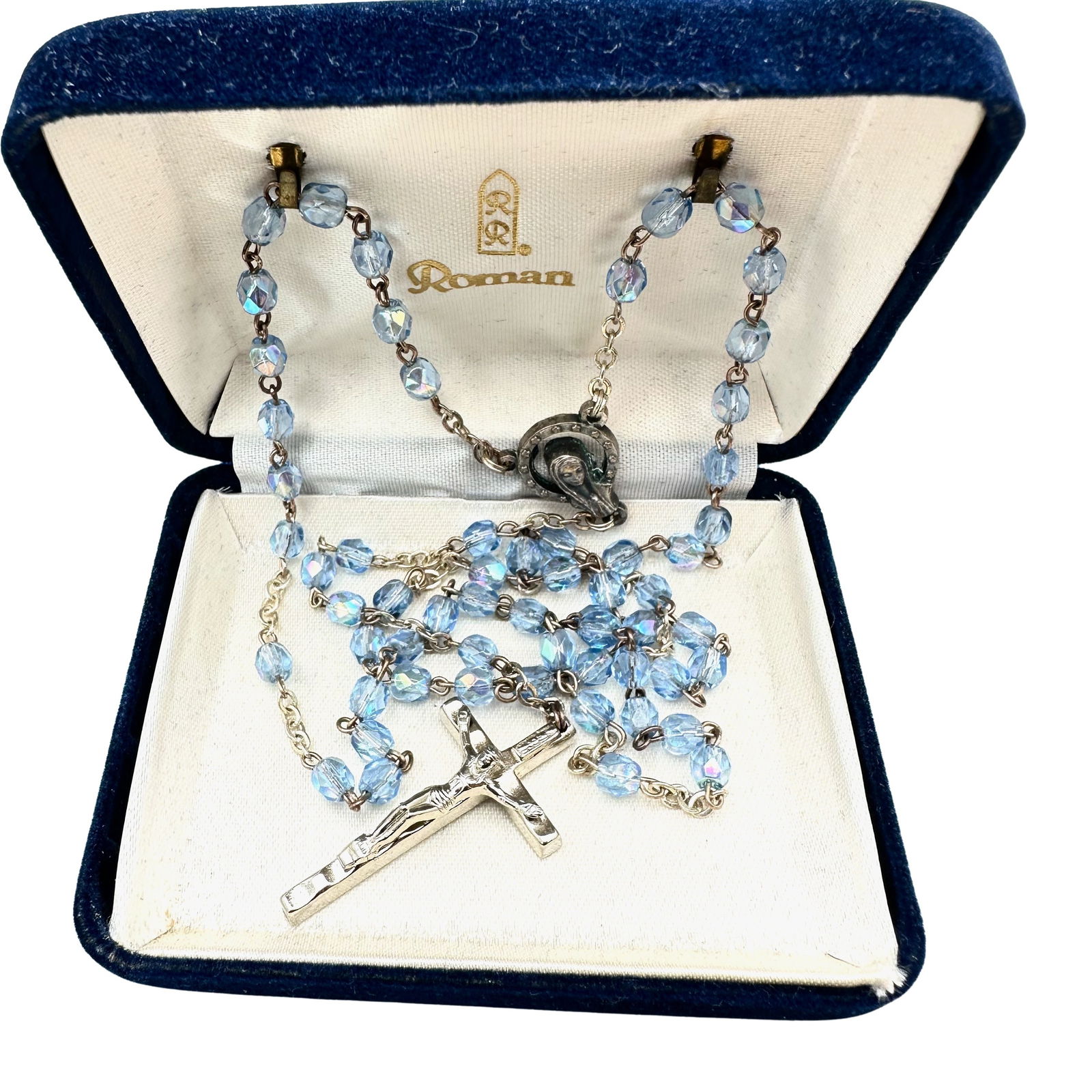 Vintage Rosary Original Box Blue Aurora Borealis Crystals: Vintage Rosary Original Box Blue Aurora Borealis Crystals