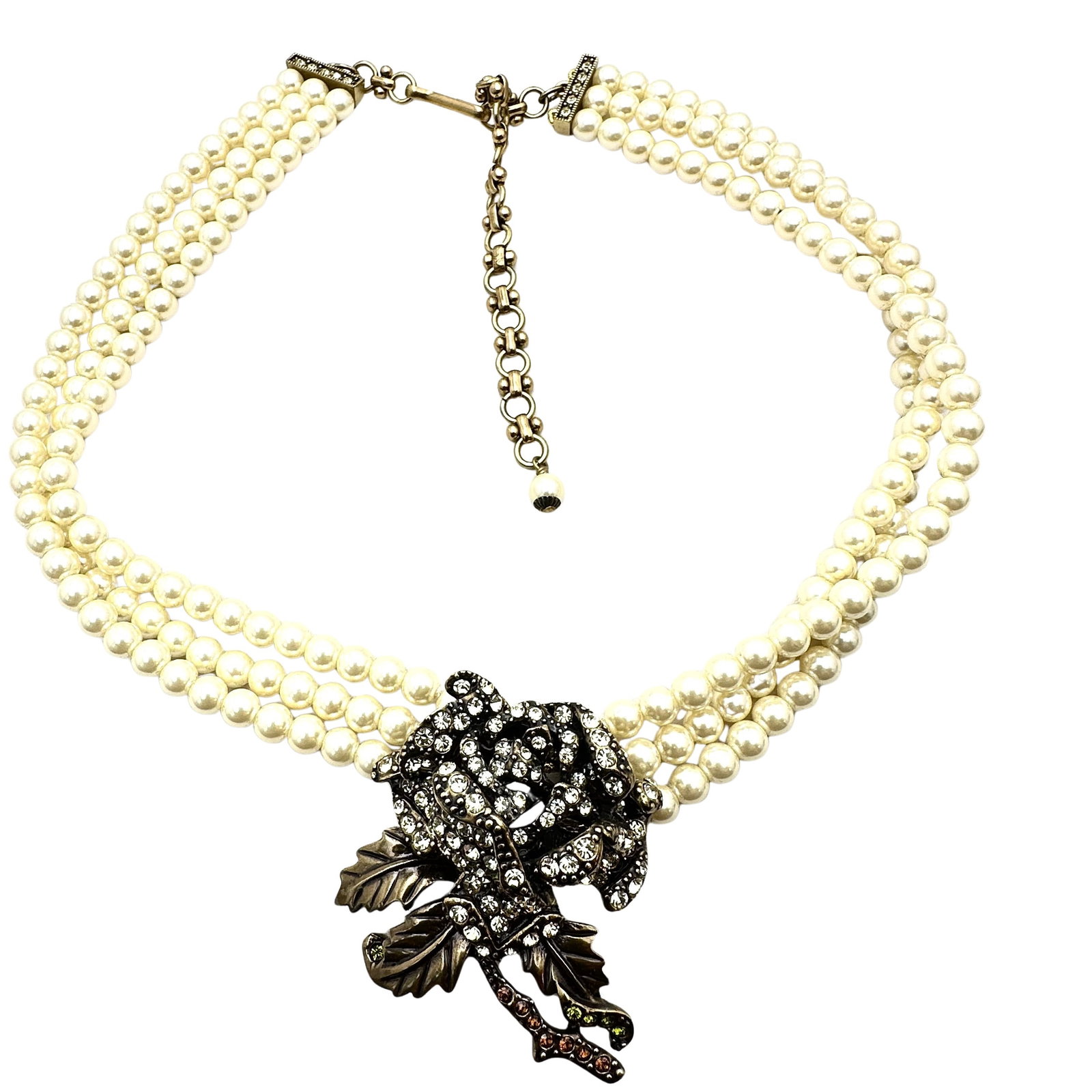 Heidi Daus Triple Strand Pearl Crystal Rose Bronze Tone Necklace: Heidi Daus Triple Strand Pearl Crystal Rose Bronze Tone Necklace