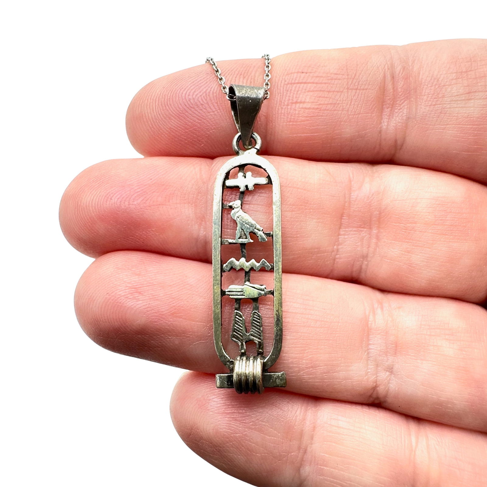Vintage Egyptian Hieroglyph Pendant Sterling Silver Necklace 15 Inch Chain 3.5 Grams (1 of 3)