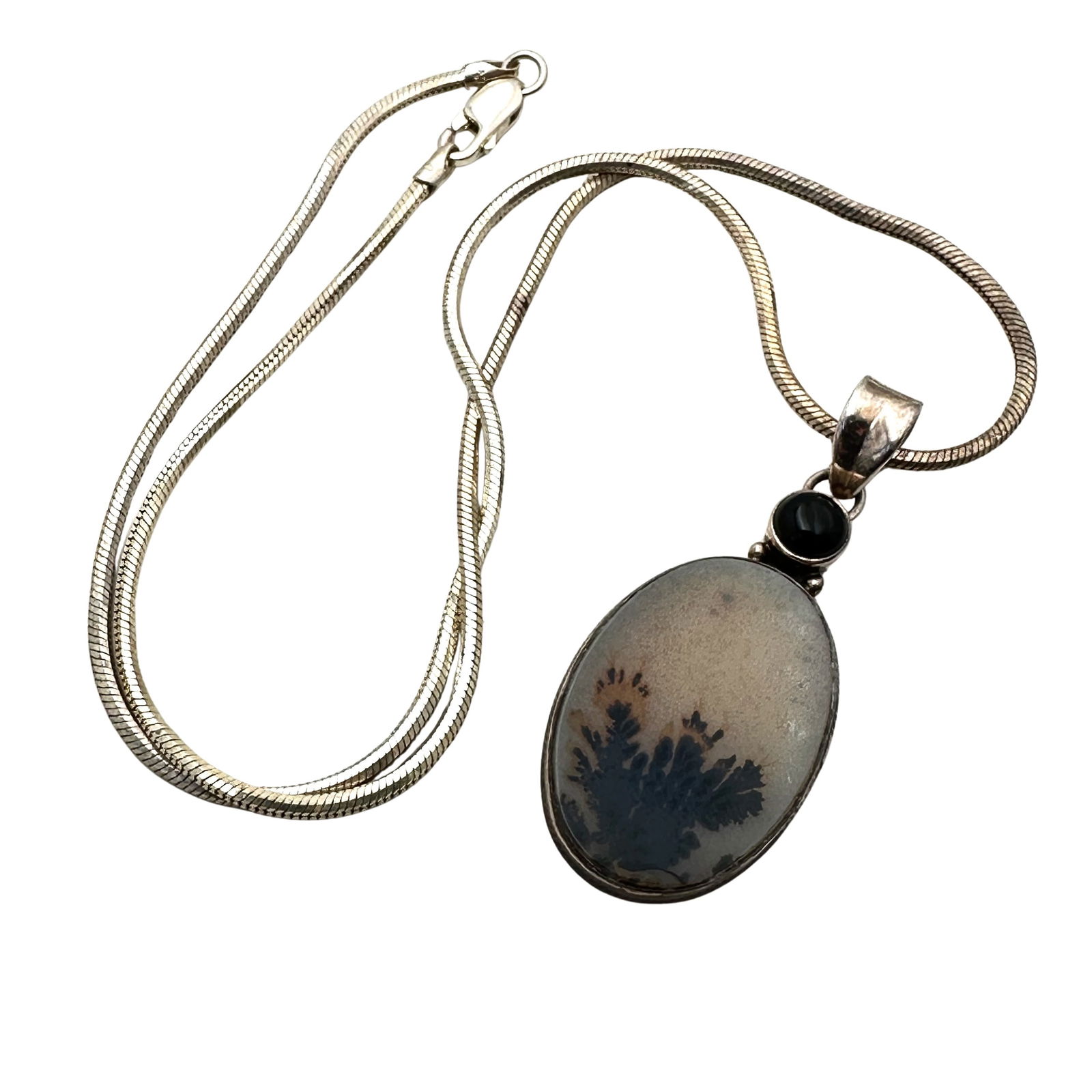 Vintage Dendrite Agate Black Onyx Pendant Sterling Silver Necklace 17 Inch 16 Grams (1 of 3)