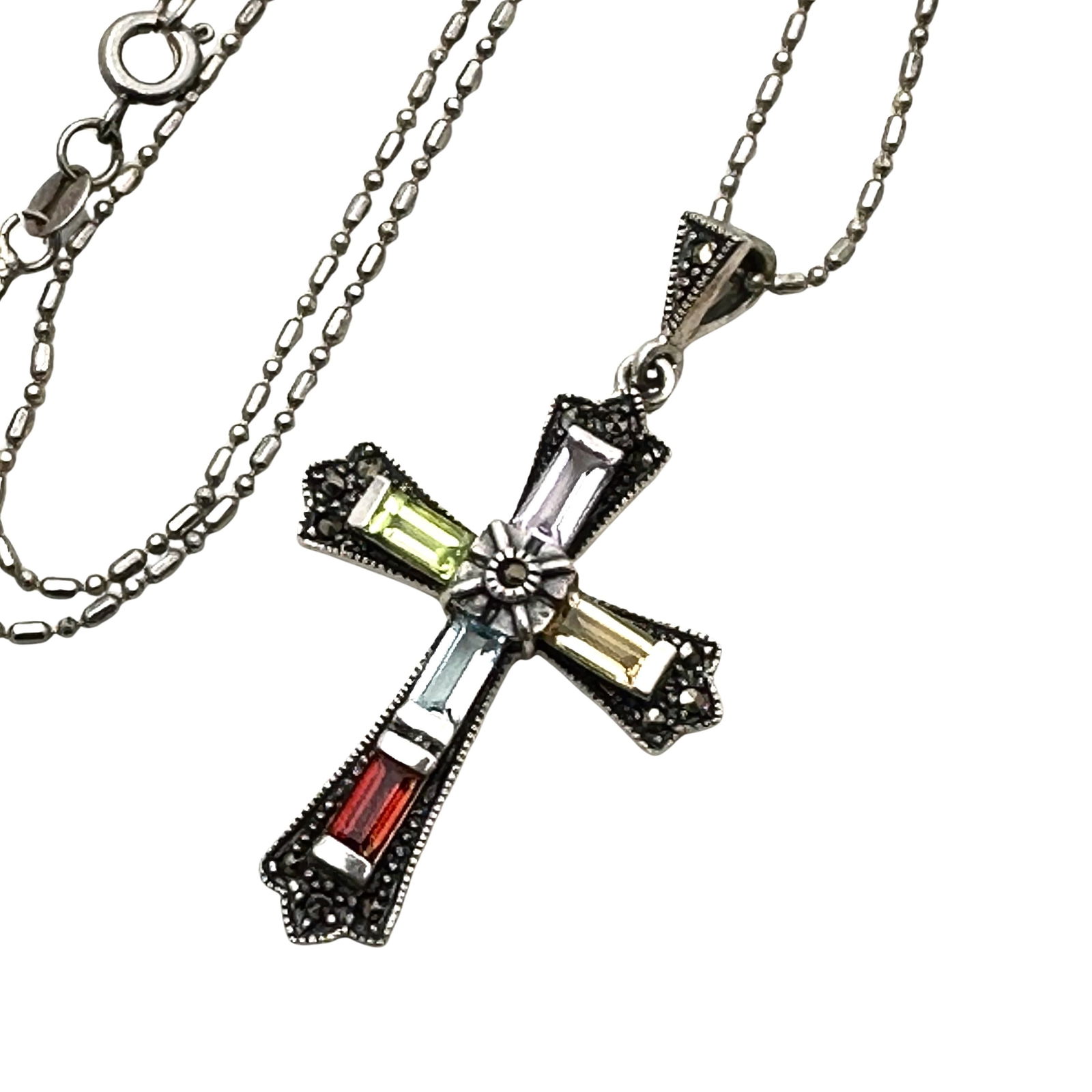 Sterling Silver Marcasite Gemstone Cross Pendant Necklace 18 Inch Chain 6.7 Grams (1 of 3)