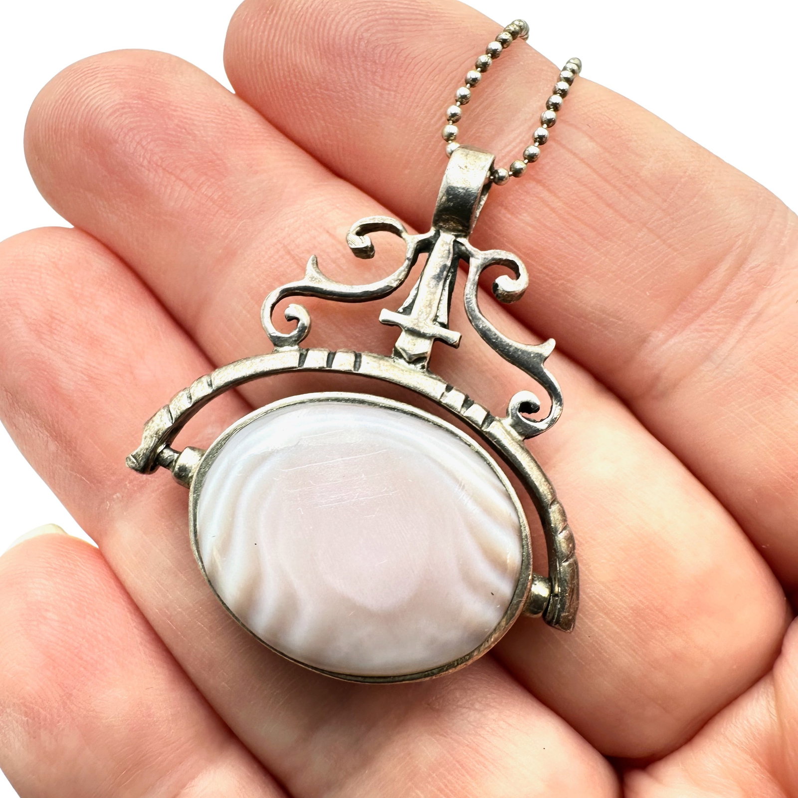 Vintage Sterling Silver Rotating Pedant Necklace Black Onyx Pink Pearl: Vintage Sterling Silver Rotating Pedant Necklace Black Onyx Pink Pearl