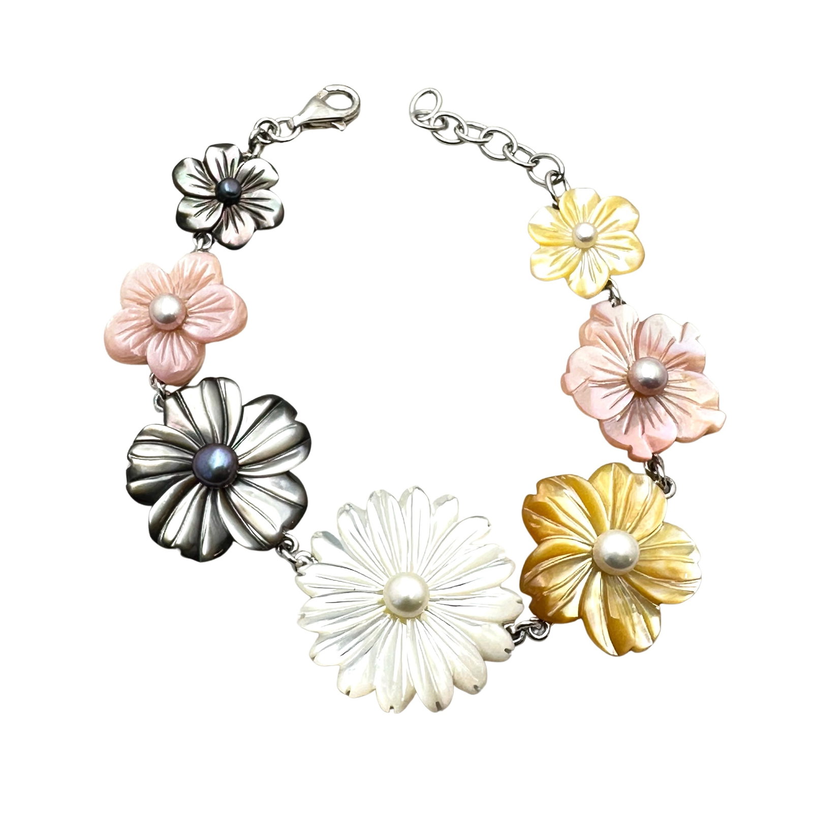 Sterling Silver Mother of Pearl Flower Design Bracelet 7.5 Inch Yellow Pink Grey: Sterling Silver Mother of Pearl Flower Design Bracelet 7.5 Inch Yellow Pink Grey
