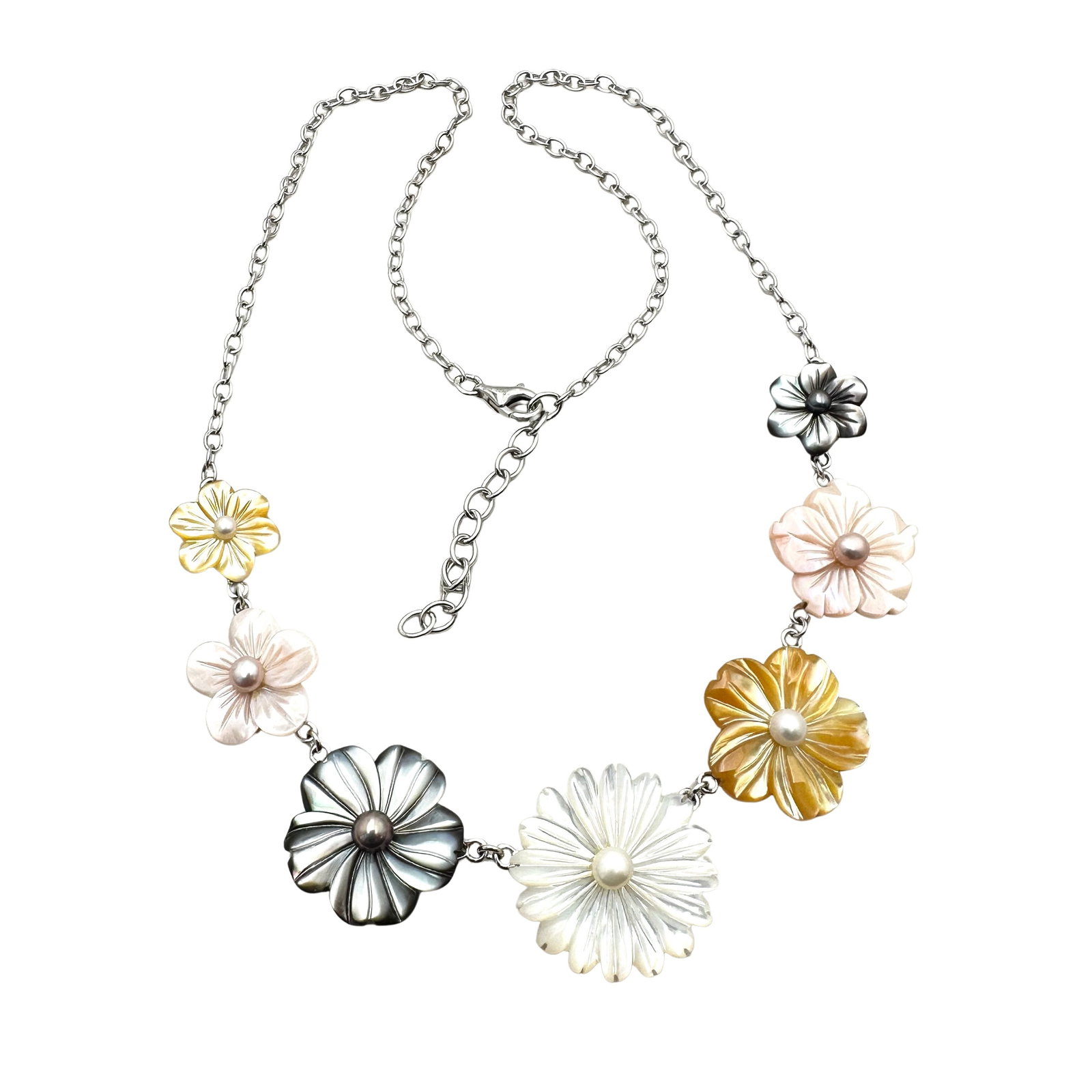 Sterling Silver Mother of Pearl Flower Necklace 18 to 20 Inch Yellow Pink Grey: Sterling Silver Mother of Pearl Flower Necklace 18 to 20 Inch Yellow Pink Grey
