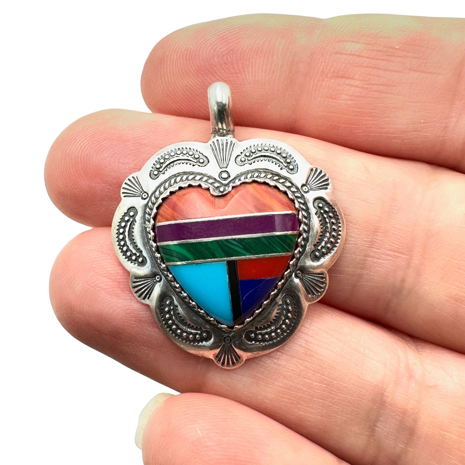 American Southwest Multi Gemstone Turquoise Heart Pendant Sterling Silver (1 of 3)