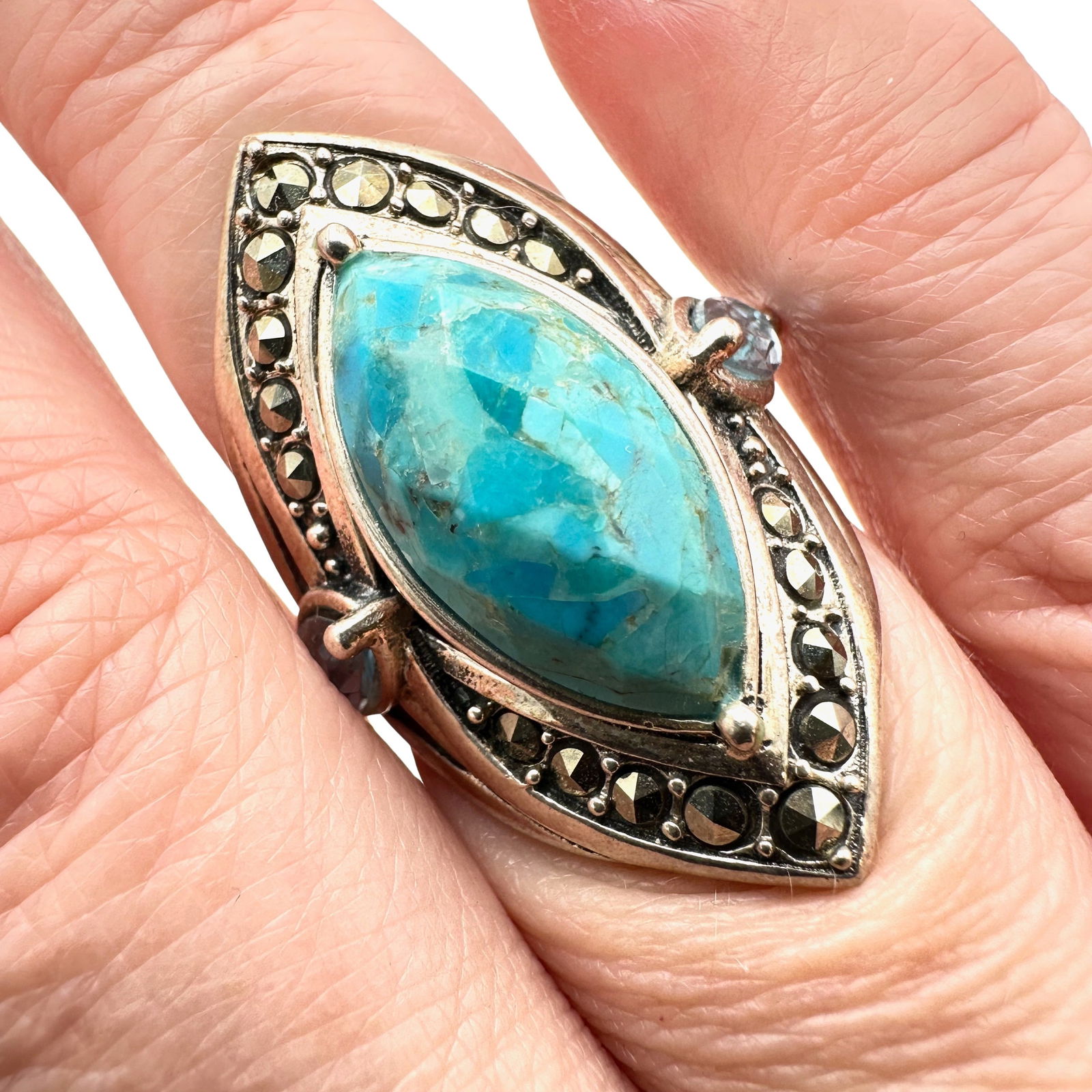Sterling Silver Marcasite Ring Turquoise Size 9 Statement Ring 10.9 Grams (1 of 3)