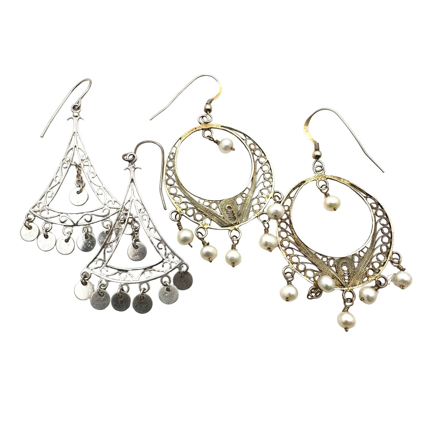 Group Two Pair Sterling Silver Filigree Chandelier Pierced Earrings: Group Two Pair Sterling Silver Filigree Chandelier Pierced Earrings