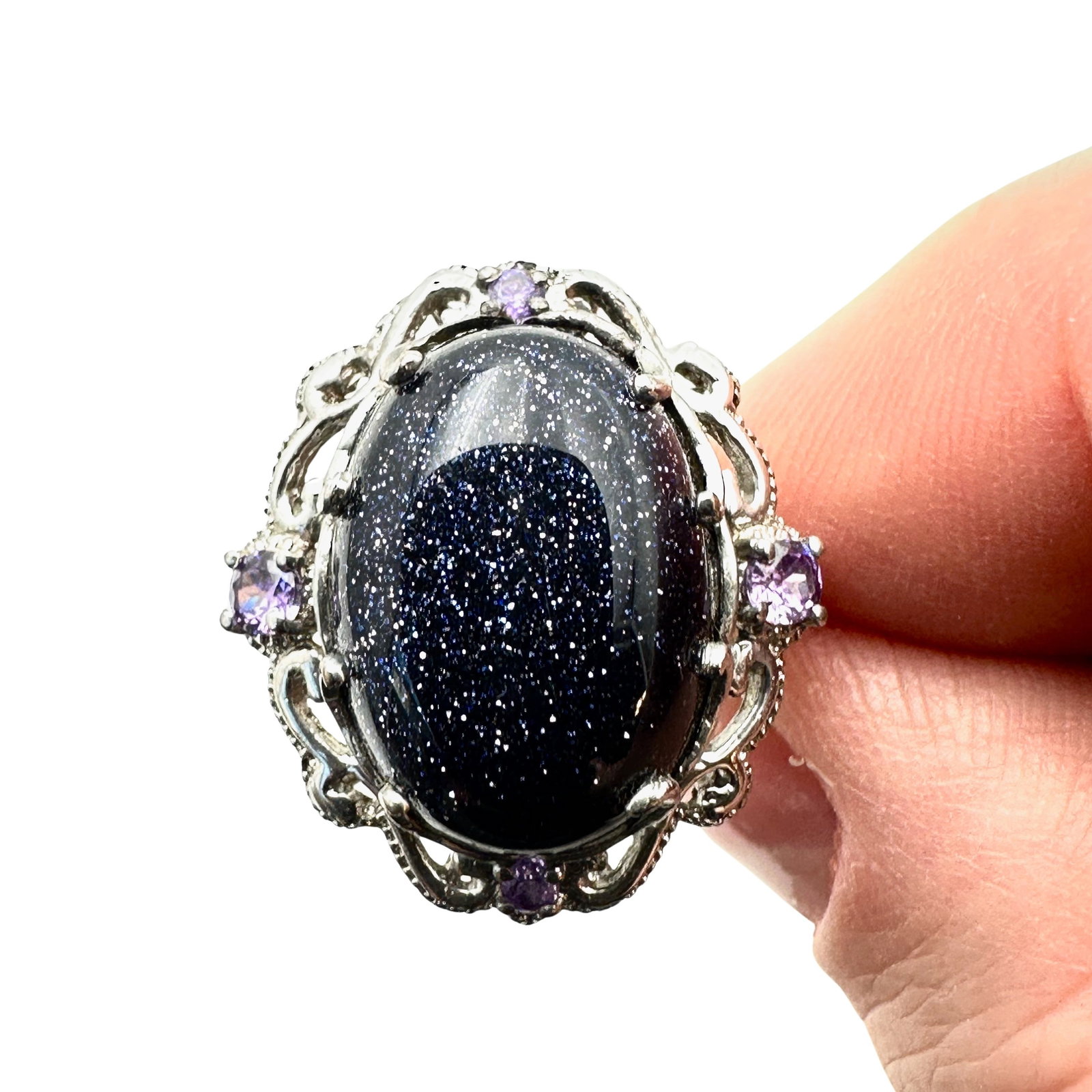 Sterling Silver Blue Goldstone Amethyst Ring Size 6: Sterling Silver Blue Goldstone Amethyst Ring Size 6