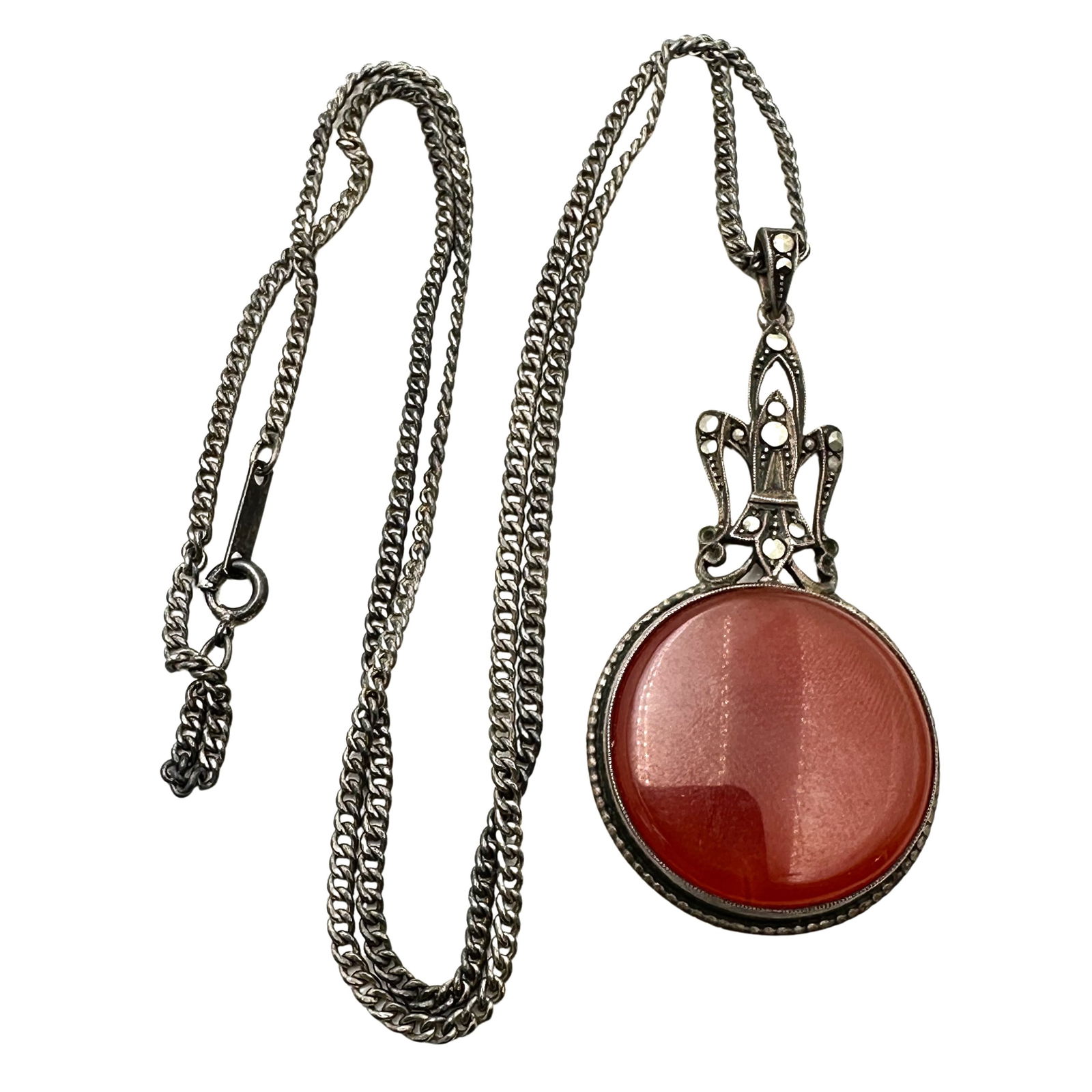 Antique Carnelian Marcasite Sterling Silver Pendant Necklace 22 Inch Chain: Antique Carnelian Marcasite Sterling Silver Pendant Necklace 22 Inch Chain