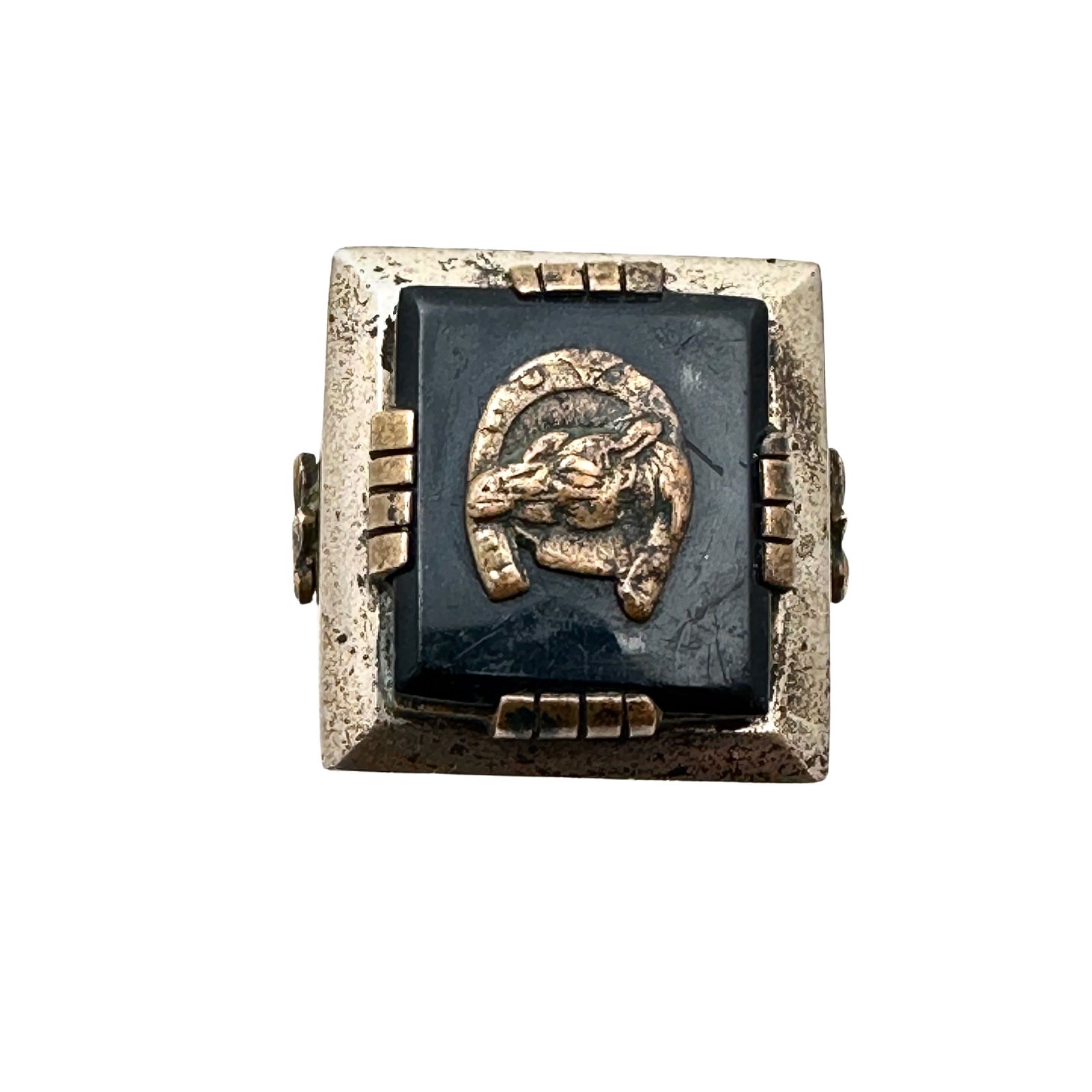 Vintage Sterling Silver Black Onyx Horse Equestrian Ring Size 9 Weight 31 Grams (1 of 3)