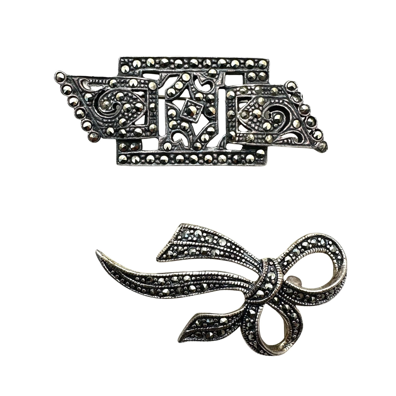 Group of Two Marcasite Sterling Silver Pins Brooches: Group of Two Marcasite Sterling Silver Pins Brooches