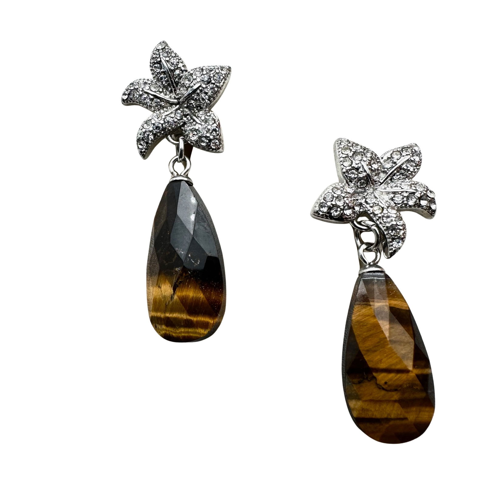 White Topaz Tiger Eye Chandelier Pierced Earrings Sterling Silver: White Topaz Tiger Eye Chandelier Pierced Earrings Sterling Silver