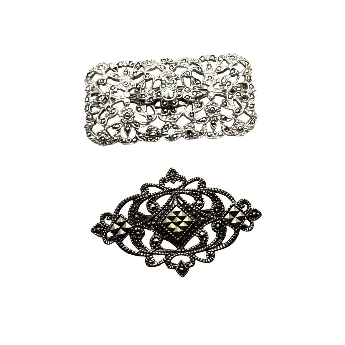 Group Two Sterling Silver Marcasite Brooches: Group Two Sterling Silver Marcasite Brooches