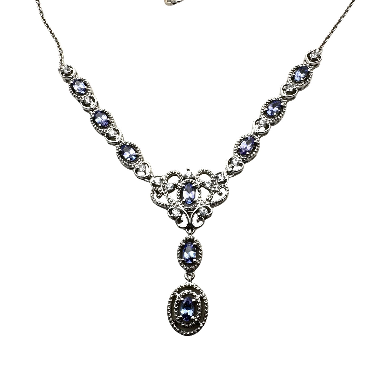Tanzanite & White Zircon Sterling Silver Necklace 18 Inch 10.8 Grams: Tanzanite & White Zircon Sterling Silver Necklace 18 Inch 10.8 Grams