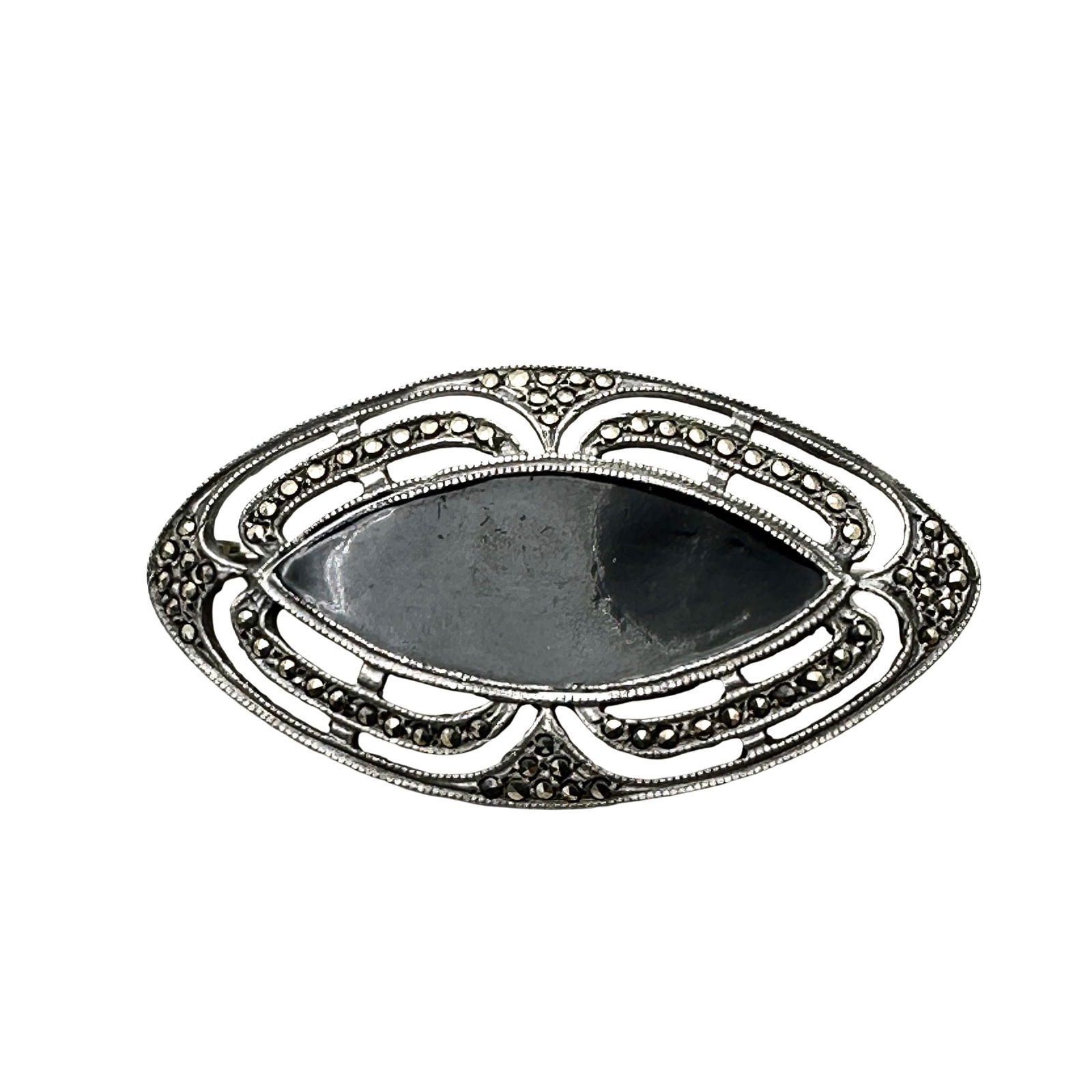 Vintage Sterling Silver Black Onyx Marcasite Pin Brooch: Vintage Sterling Silver Black Onyx Marcasite Pin Brooch
