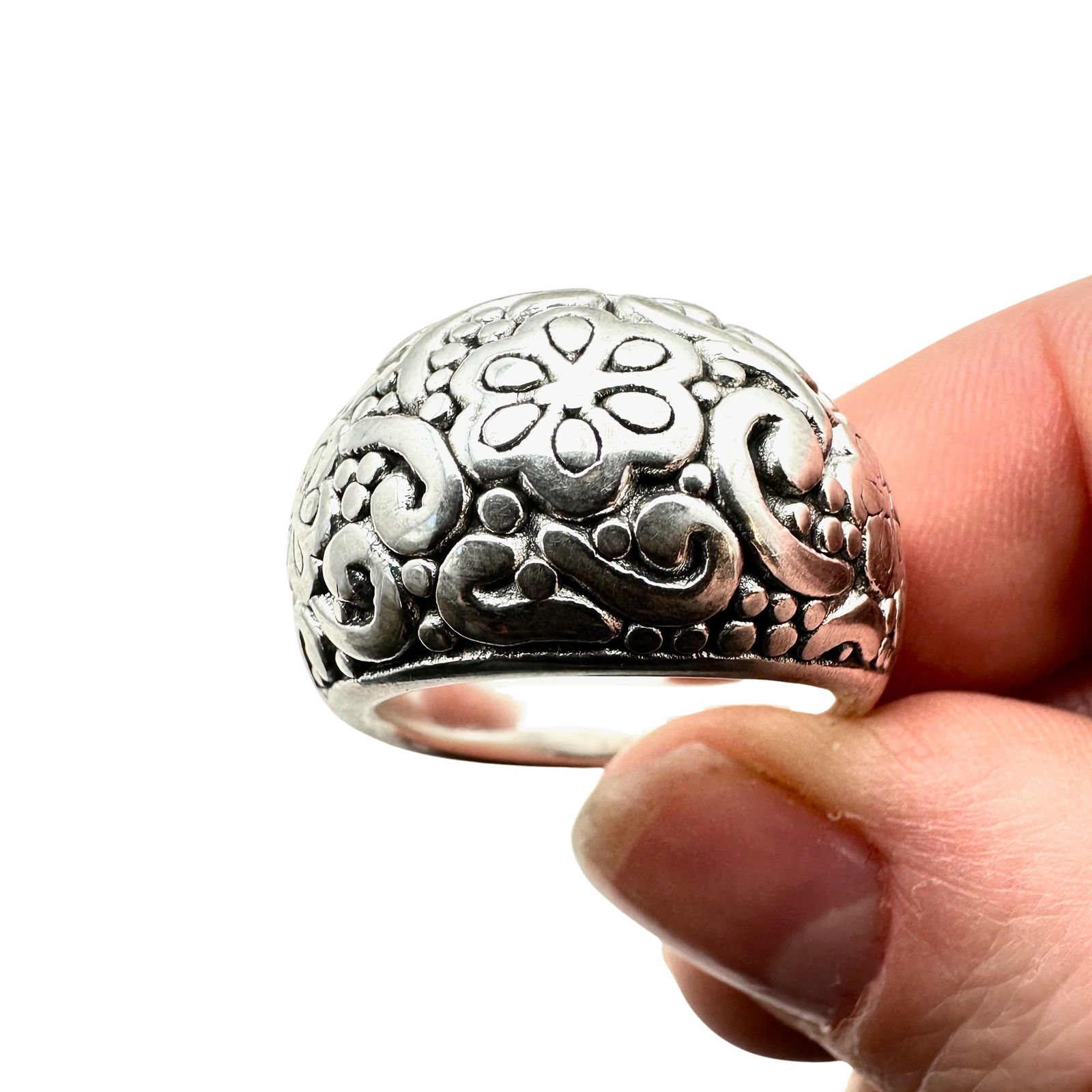 Sterling Silver Domed Floral Design Ring Comfort Fit Size 10 Weight 6.6 Grams (1 of 3)