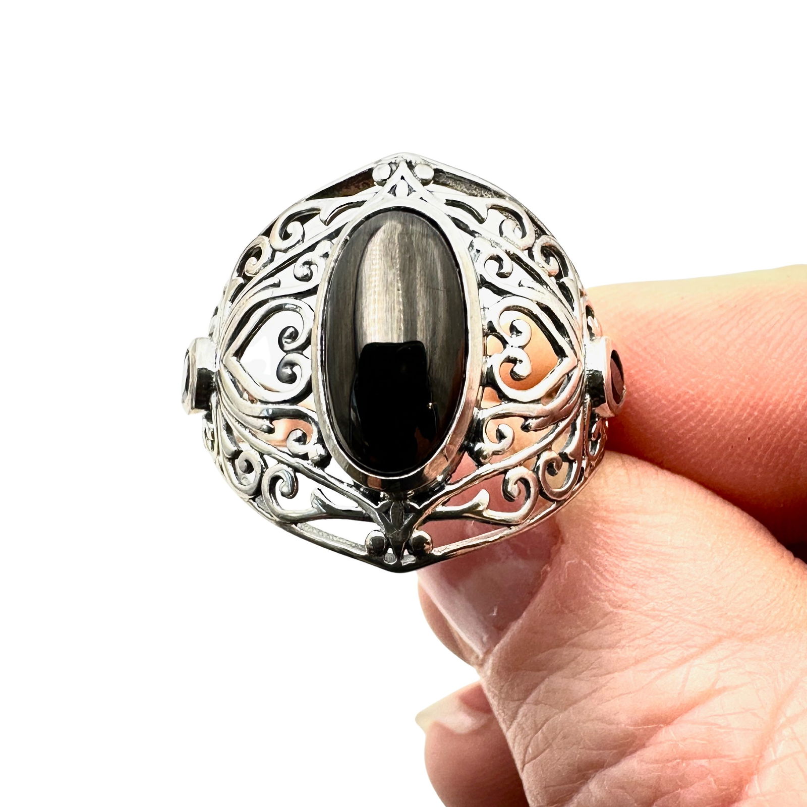 Black Spinel Shungite Sterling Silver Heart Design Ring Size 10 (1 of 3)