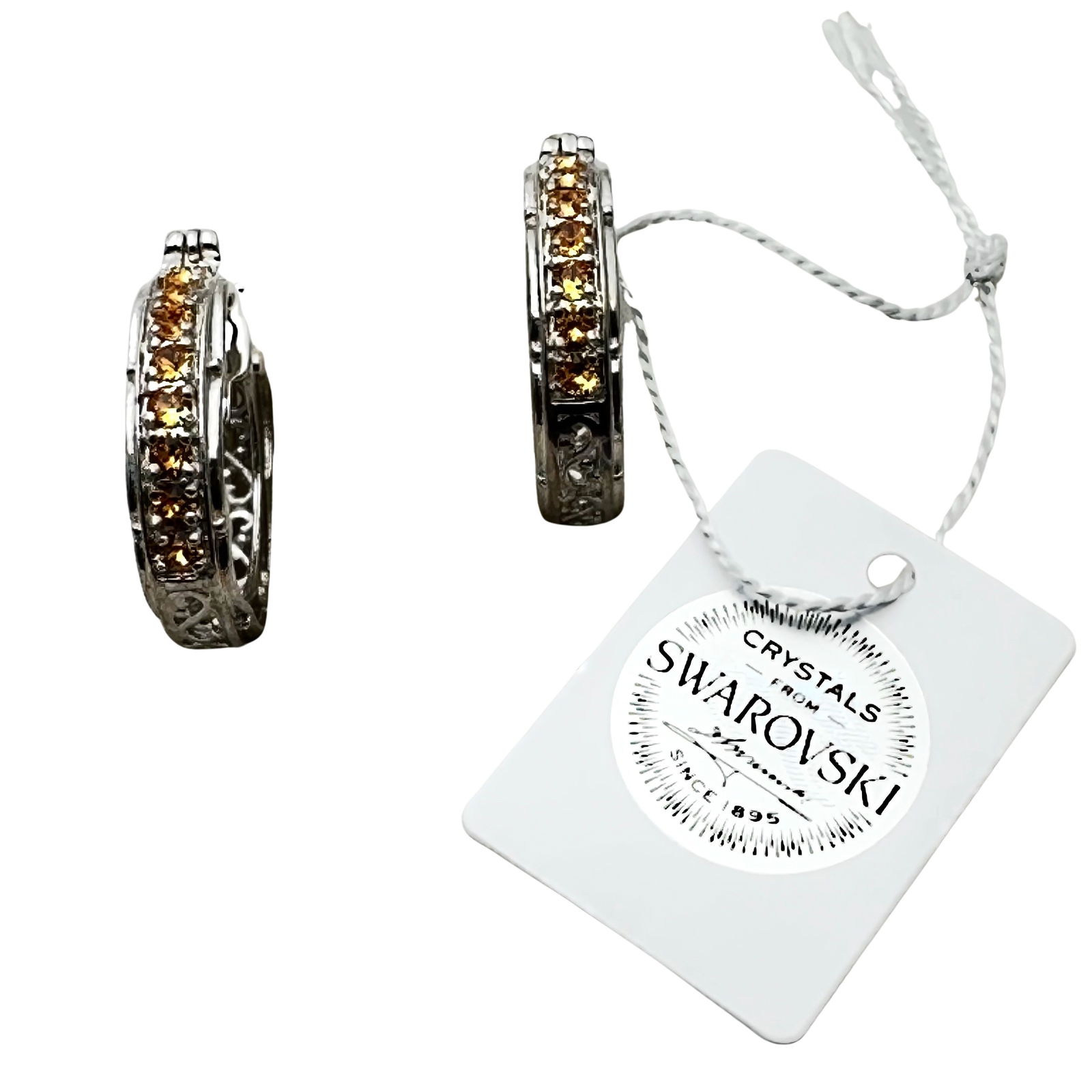 Swarovski Topaz Crystal One Inch Pierced Hoop Earrings Original Tag: Swarovski Topaz Crystal One Inch Pierced Hoop Earrings Original Tag