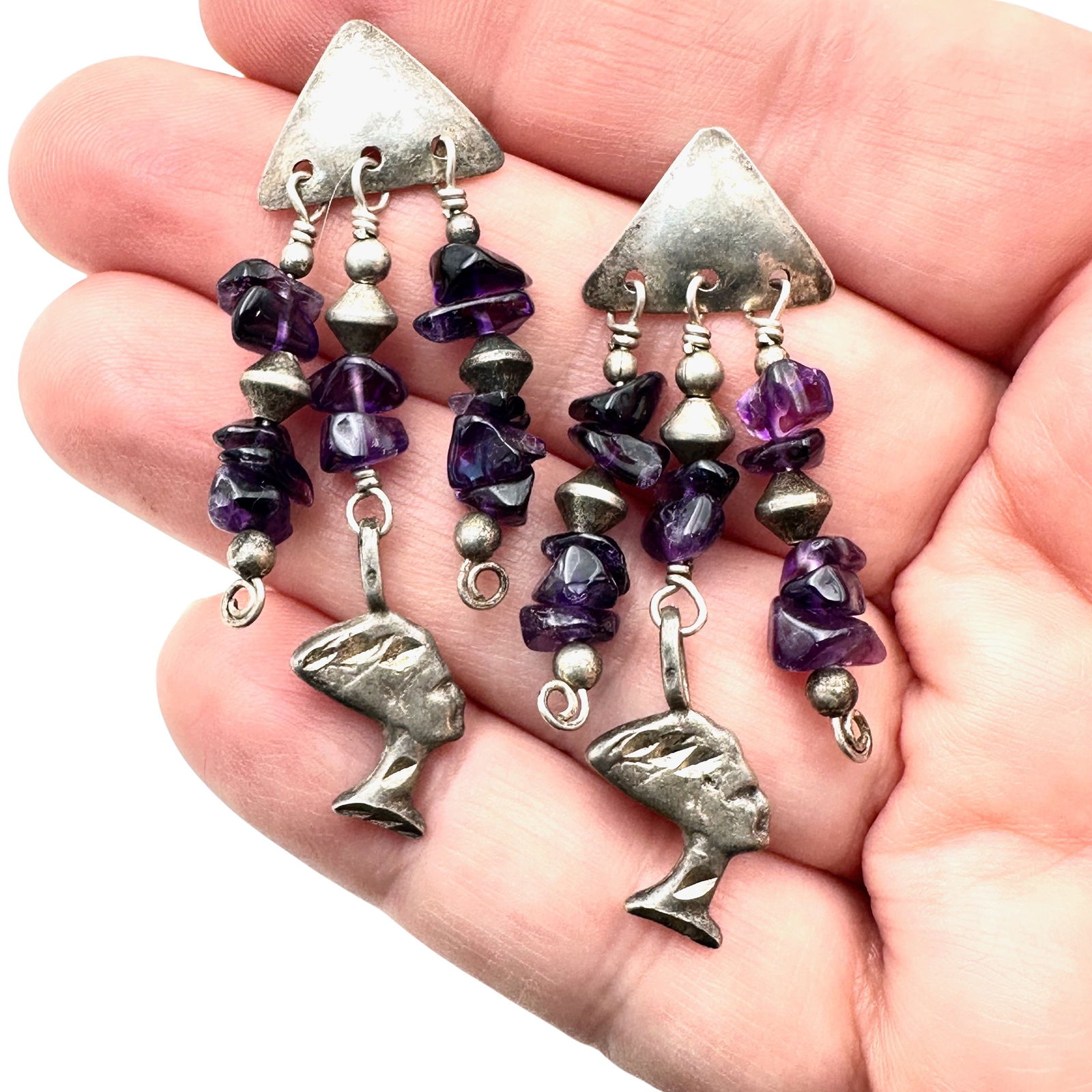 Egyptian Revival Amethyst Sterling Silver Chandelier Pierced Earrings: Egyptian Revival Amethyst Sterling Silver Chandelier Pierced Earrings