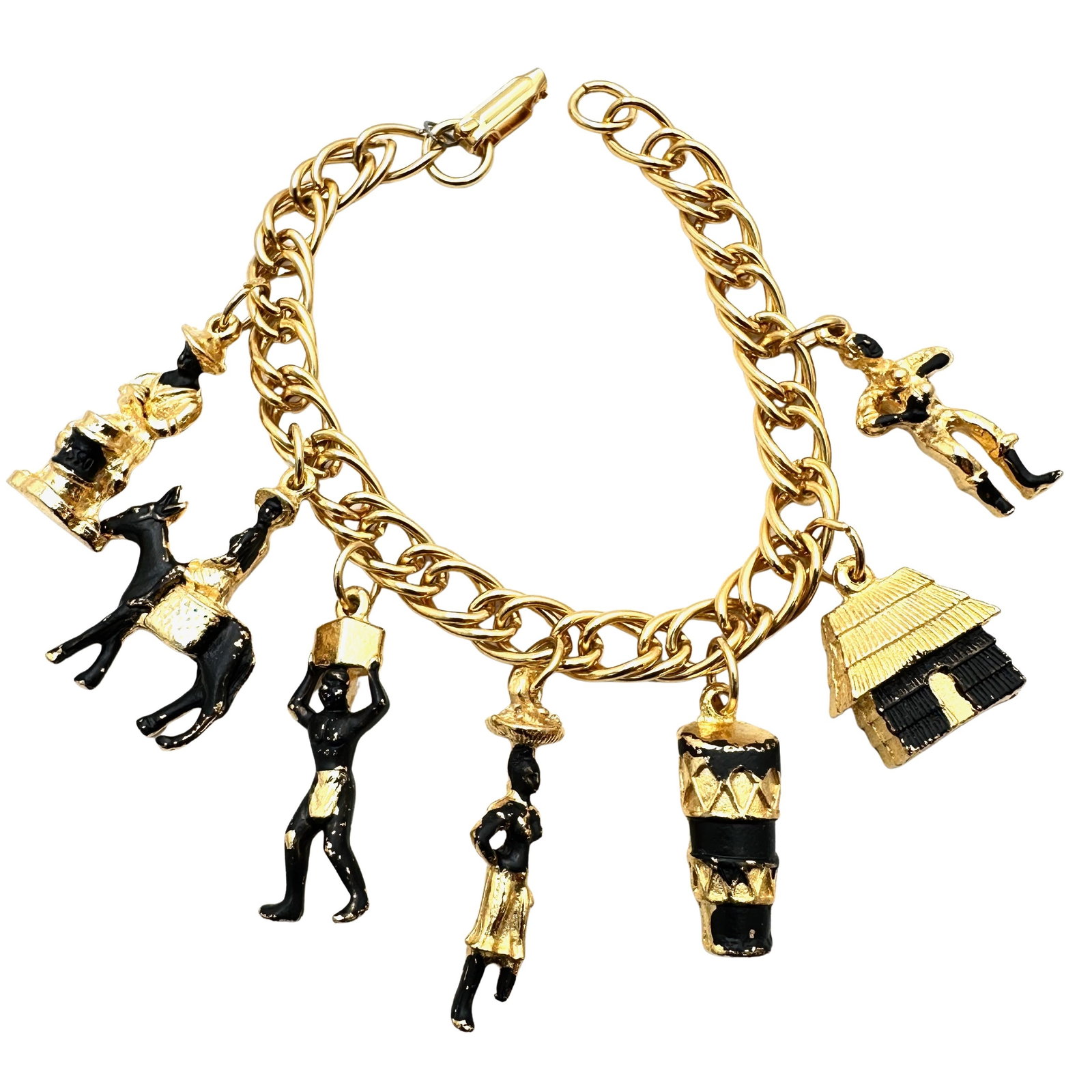 Vintage Gold Tone Charm Bracelet Black Enamel Blackamoor: Vintage Gold Tone Charm Bracelet Black Enamel Blackamoor