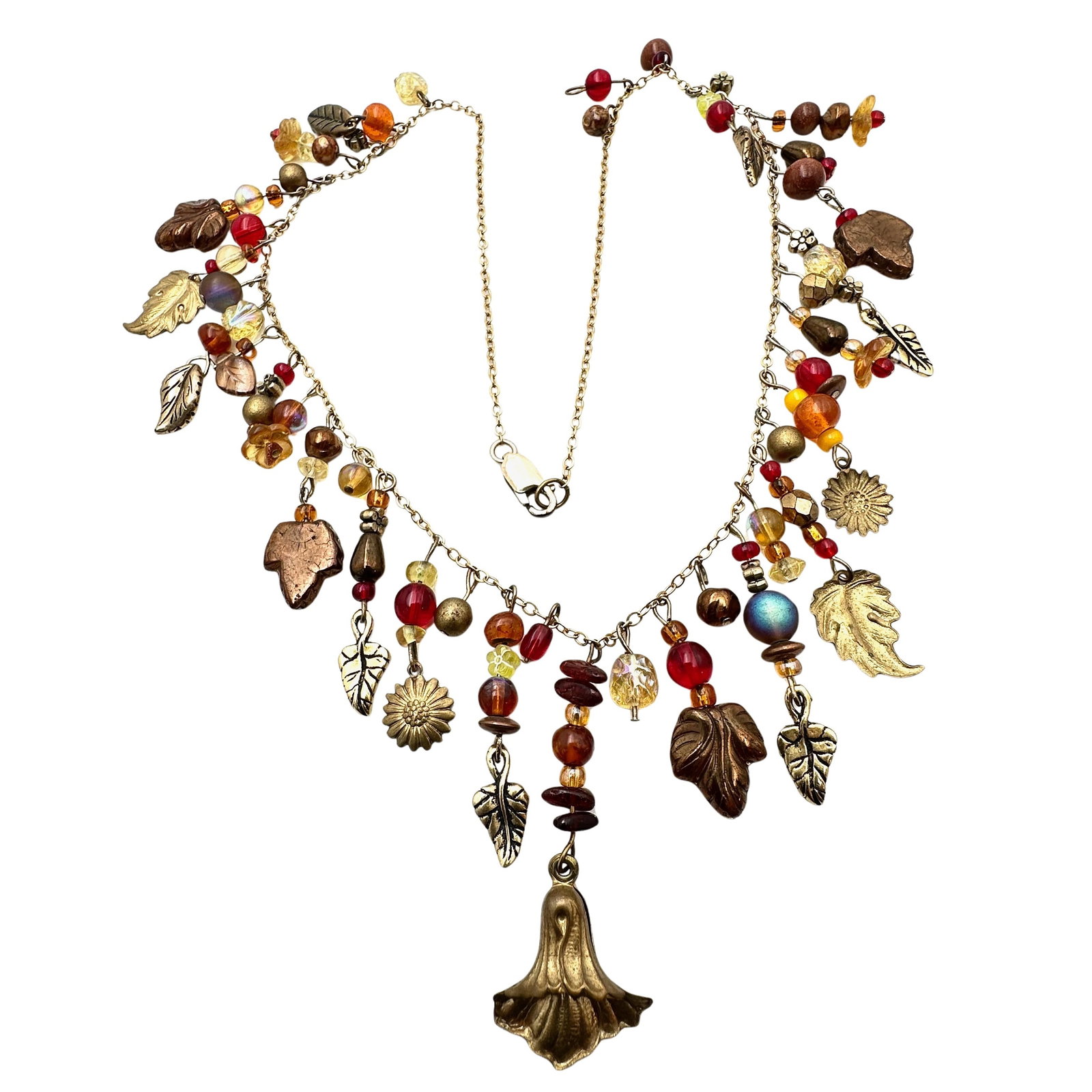 Vintage Gold Filled Art Glass Necklace Leaf Design Fall Colors: Vintage Gold Filled Art Glass Necklace Leaf Design Fall Colors