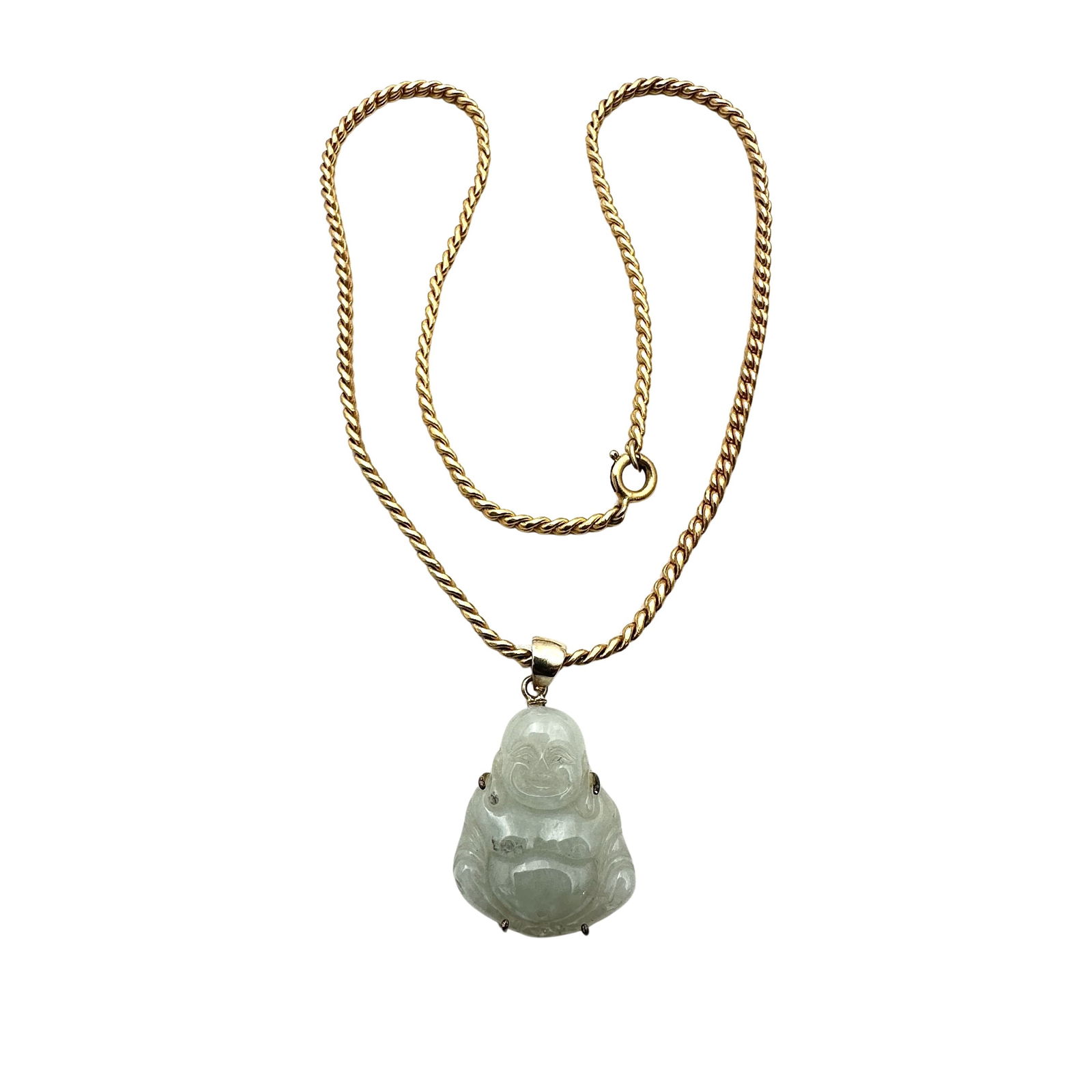 Vintage Gold Filled Chain Green Jade Carved Buddha Necklace 16 Inch: Vintage Gold Filled Chain Green Jade Carved Buddha Necklace 16 Inch