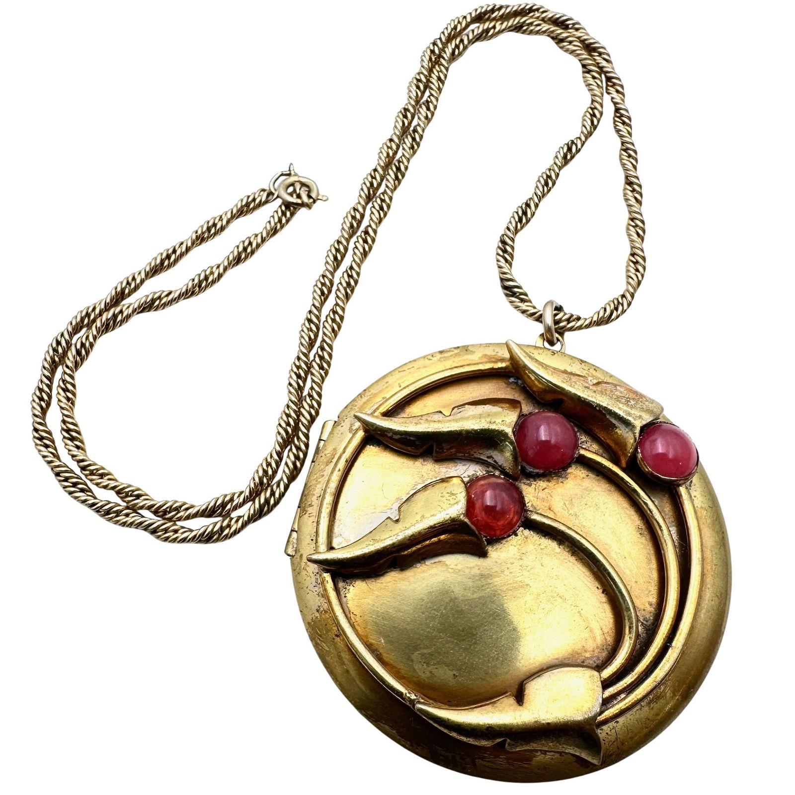 Antique Large Gold Filled 3 Inch Picture Locket Art Glass Accents 18 Inch Chain (1 of 3)